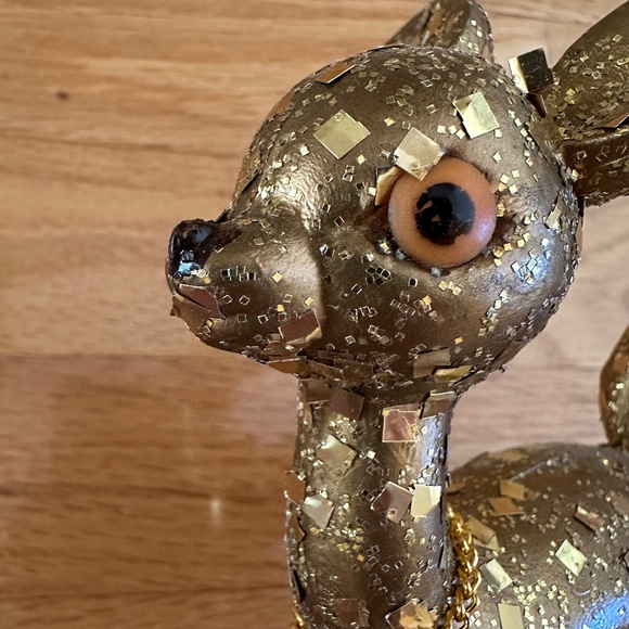 Vintage Gold Glitter Hard Plastic Deer Reindeer with Bell - Picture 8 of 12